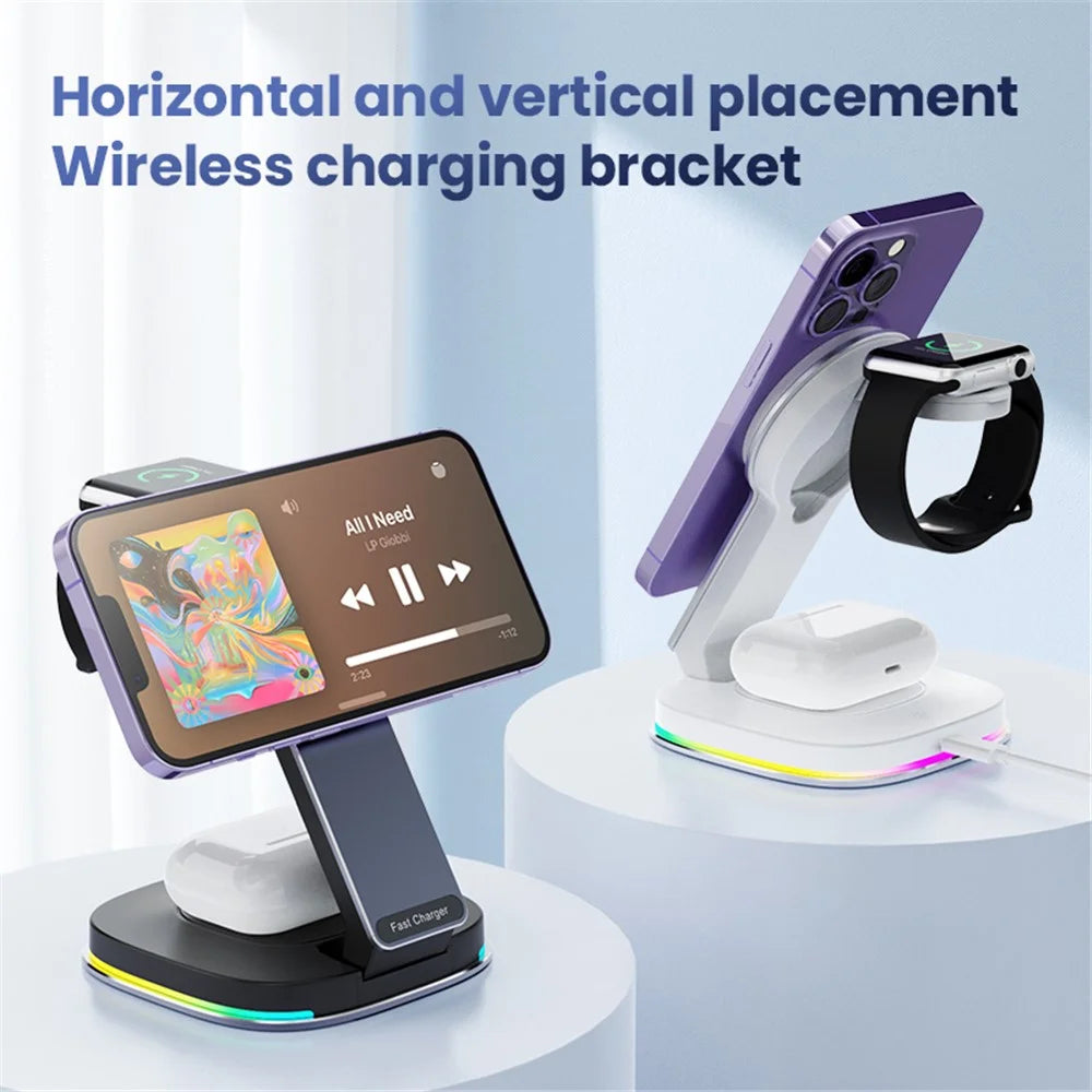 201 3-in-1 Folding Magnetic Wireless Charger Dock for iPhone / iWatch / AirPods - Black - 6