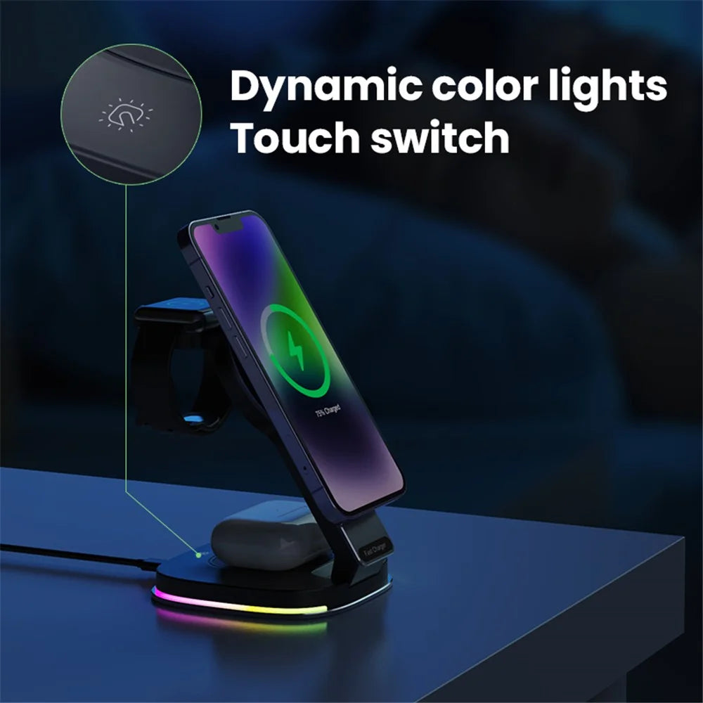 201 3-in-1 Folding Magnetic Wireless Charger Dock for iPhone / iWatch / AirPods - Black - 7