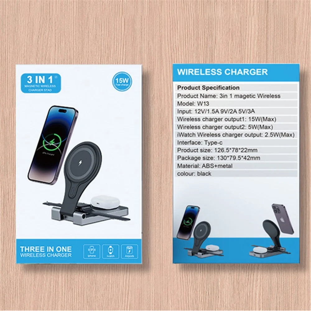 W13 3-in-1 Magnetic Wireless Charger Portable Folding Charging Station for iPhone 12 / 13 / 14 / 15 Series, AirPods, iWatch - 7