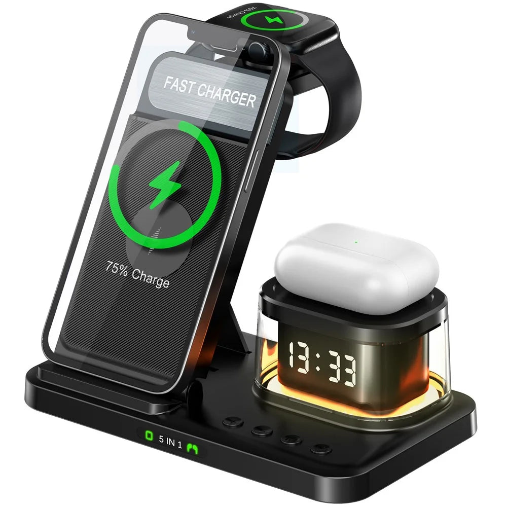 HYY-H33 5 in 1 15W Wireless Charger Folding Charging Station with Night Light - Black - 1