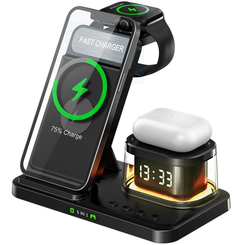 HYY-H33 5 in 1 15W Wireless Charger Folding Charging Station with Night Light - Black - 1