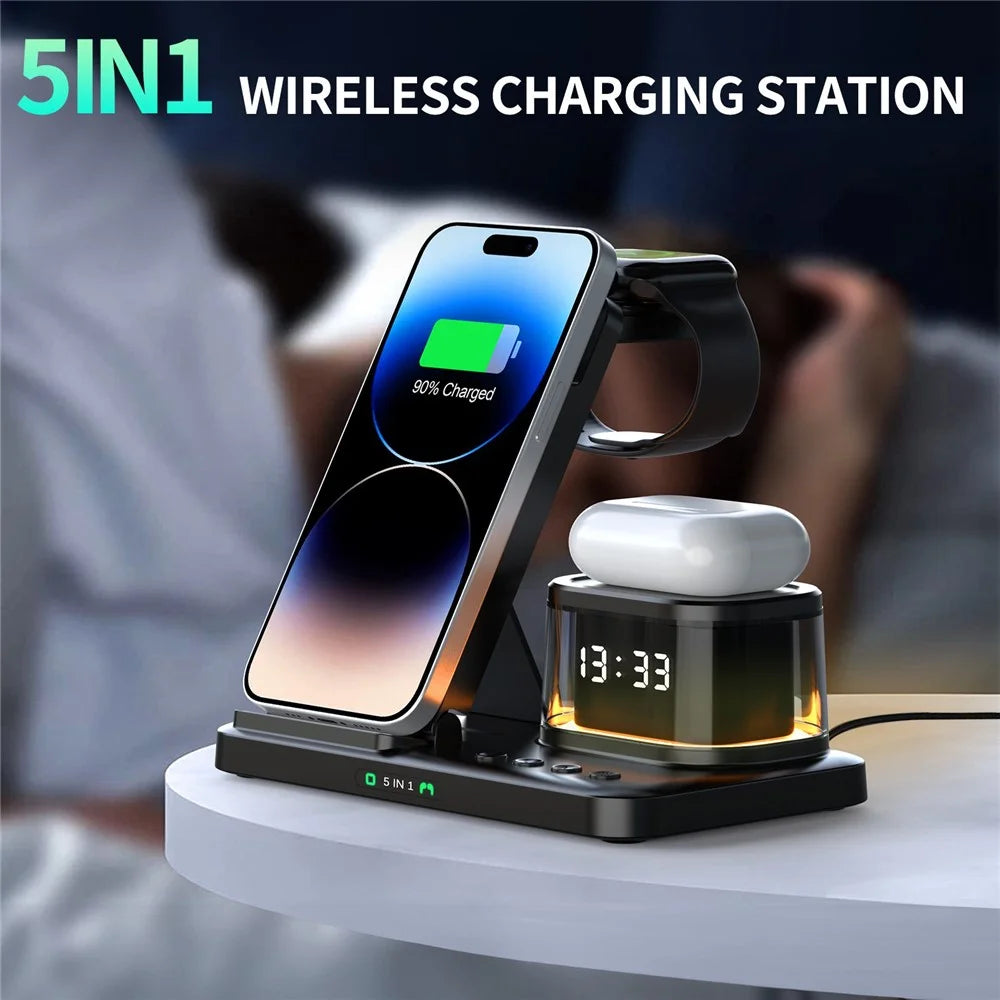 HYY-H33 5 in 1 15W Wireless Charger Folding Charging Station with Night Light - Black - 2