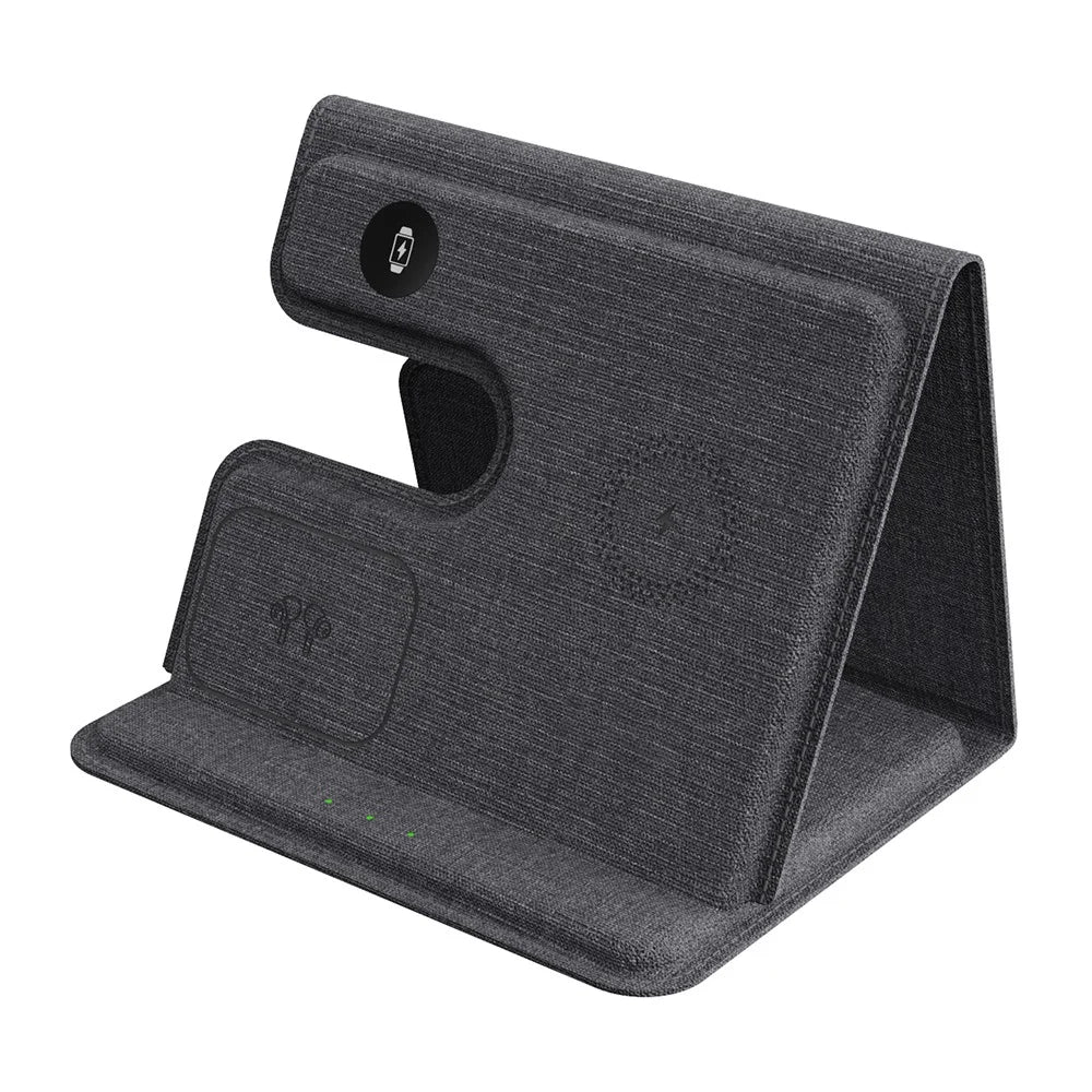 GY-17AIR 3-in-1 PU Leather Foldable Wireless Charger Phone Watch Earphone Charging Stand - 1