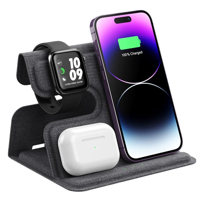 GY-17AIR 3-in-1 PU Leather Foldable Wireless Charger Phone Watch Earphone Charging Stand - 2