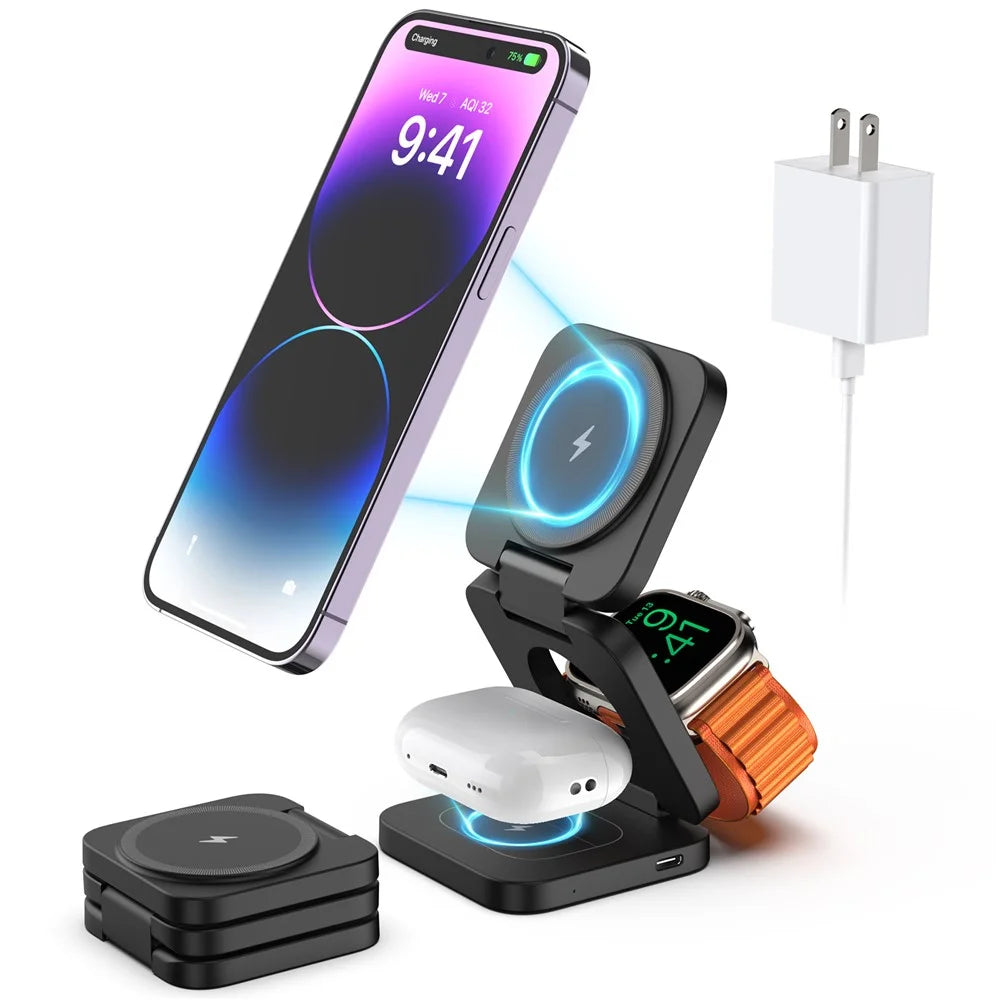 KU XIU X55 Foldable Charging Pad for iPhone Magnetic Wireless Charger for Apple Watch AirPods - Black - 1