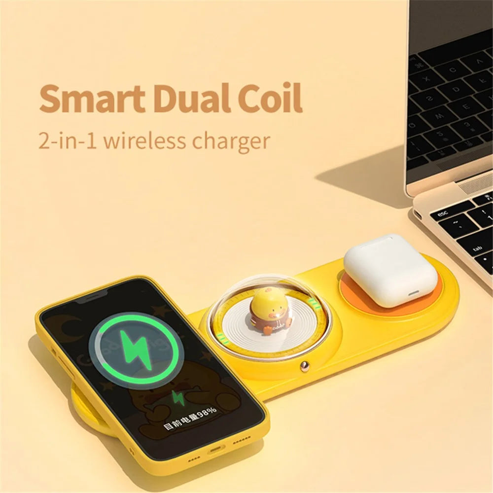 ICARER FAMILY 2-in-1 Cute Cartoon Design Wireless Charger Phone Earphone Wireless Charging Dock - Yellow - 2