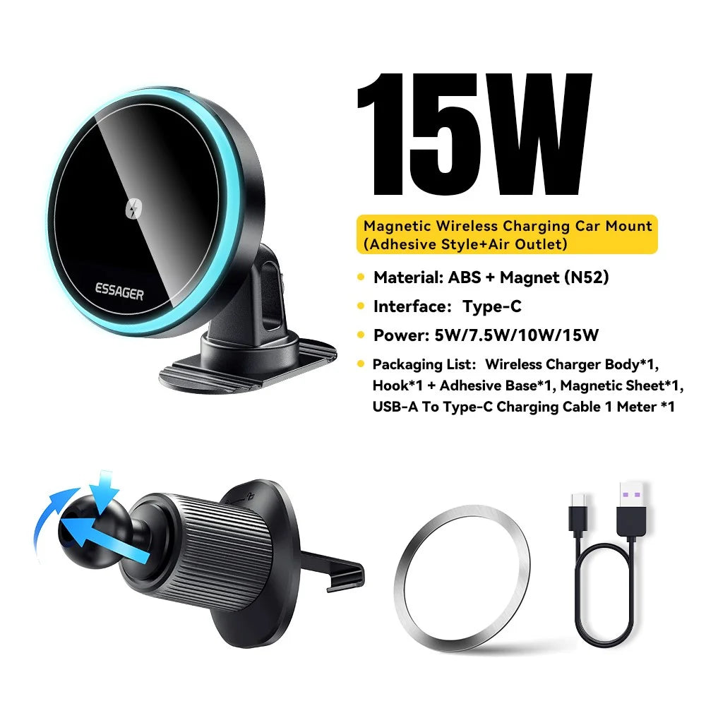 ESSAGER Car Air Outlet+Adhesive Car Mount Magnetic Wireless Charger Phone Bracket Holder - 2