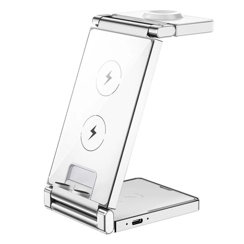 T33 3-in-1 Charging Station Foldable Wireless Charger Phone Watch Earphone Charging Stand - White - 1