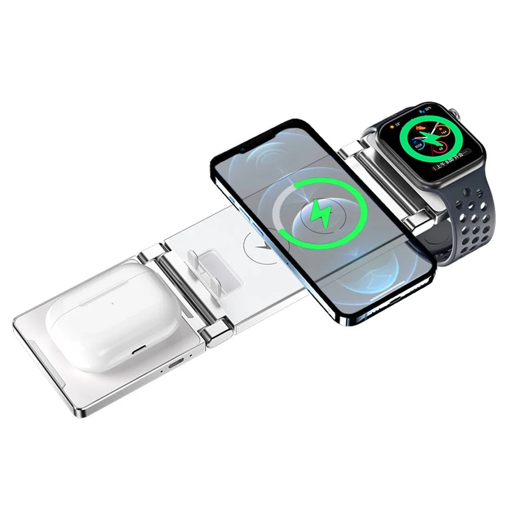 T33 3-in-1 Charging Station Foldable Wireless Charger Phone Watch Earphone Charging Stand - White - 2