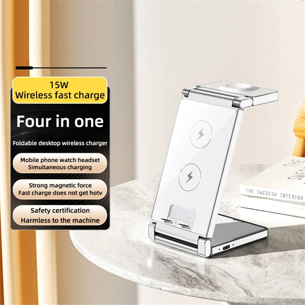 T33 3-in-1 Charging Station Foldable Wireless Charger Phone Watch Earphone Charging Stand - White - 3