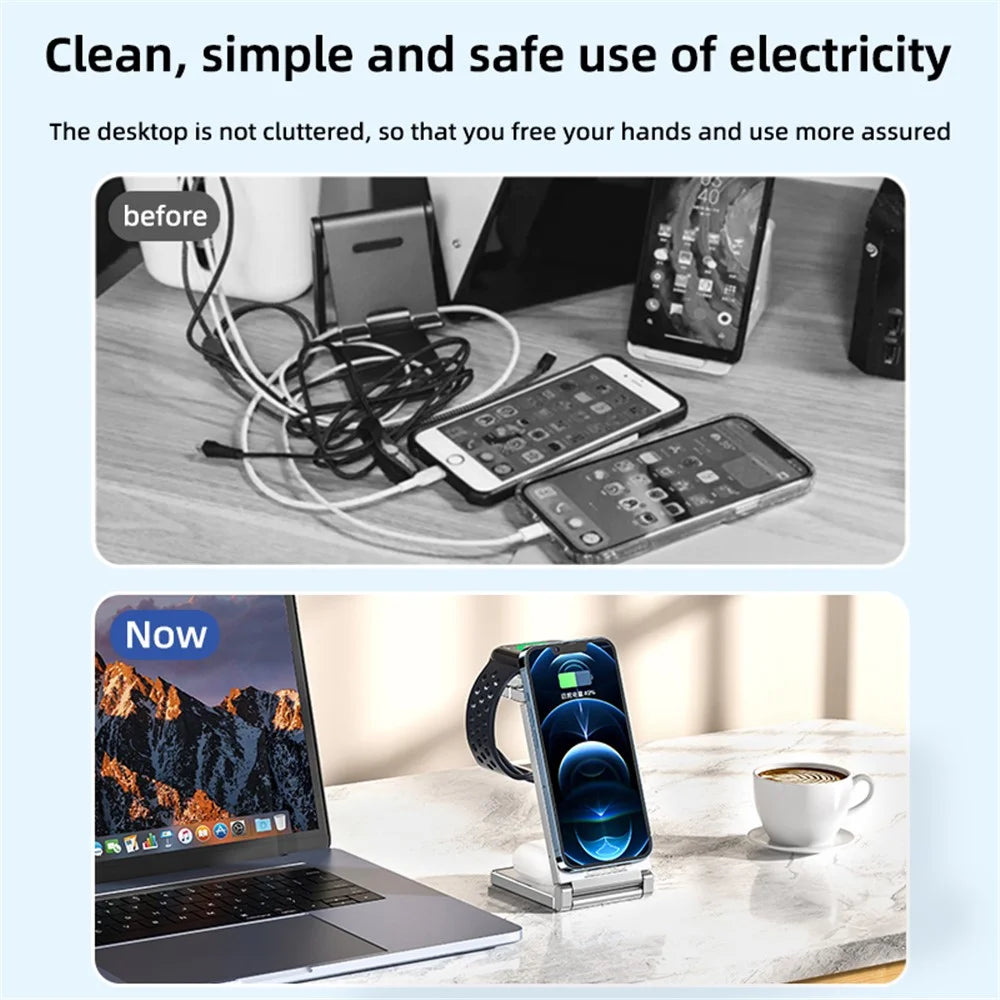 T33 3-in-1 Charging Station Foldable Wireless Charger Phone Watch Earphone Charging Stand - White - 4