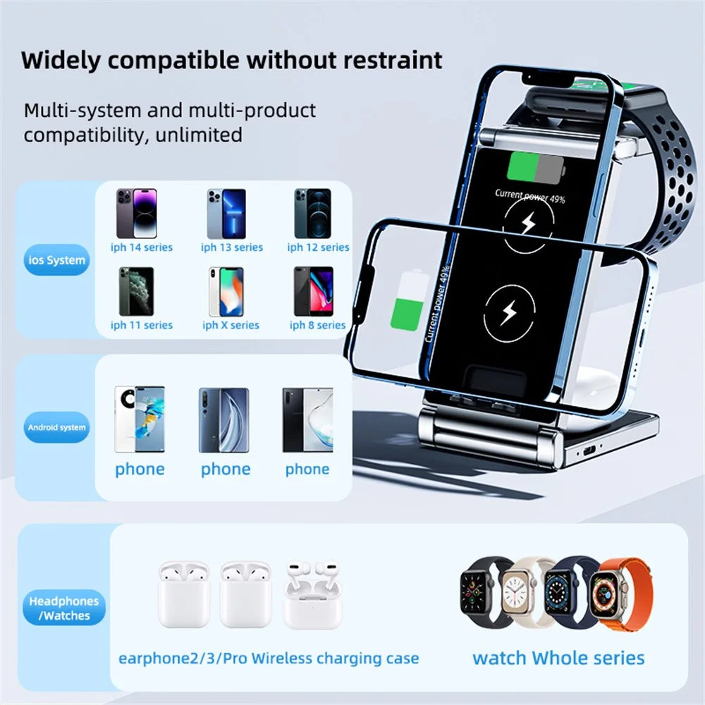 T33 3-in-1 Charging Station Foldable Wireless Charger Phone Watch Earphone Charging Stand - White - 5