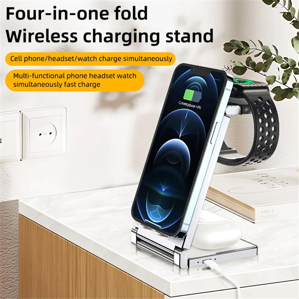 T33 3-in-1 Charging Station Foldable Wireless Charger Phone Watch Earphone Charging Stand - White - 6