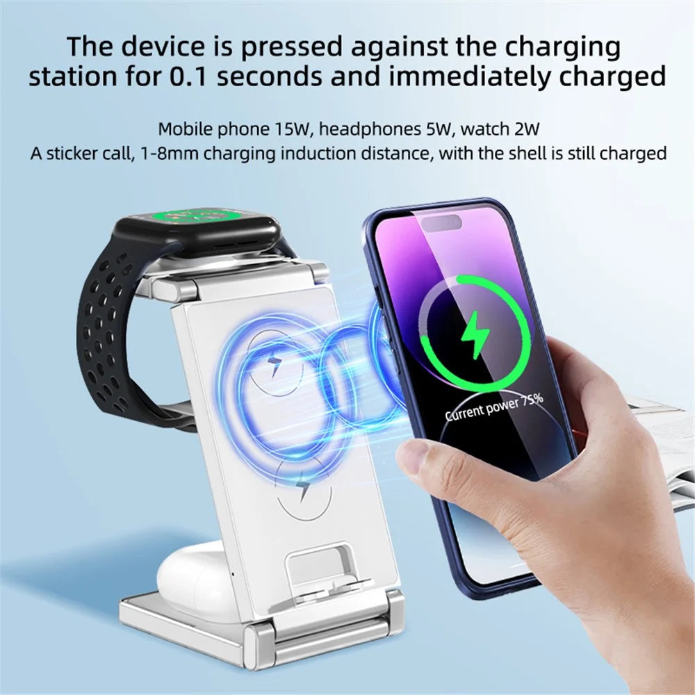 T33 3-in-1 Charging Station Foldable Wireless Charger Phone Watch Earphone Charging Stand - White - 7