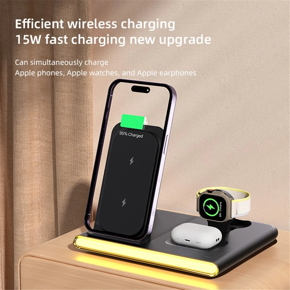 C27 3-in-1 Wireless Charger Station with Night Light for Apple / Samsung Smart Watch / iPhone / AirPods - White - 4