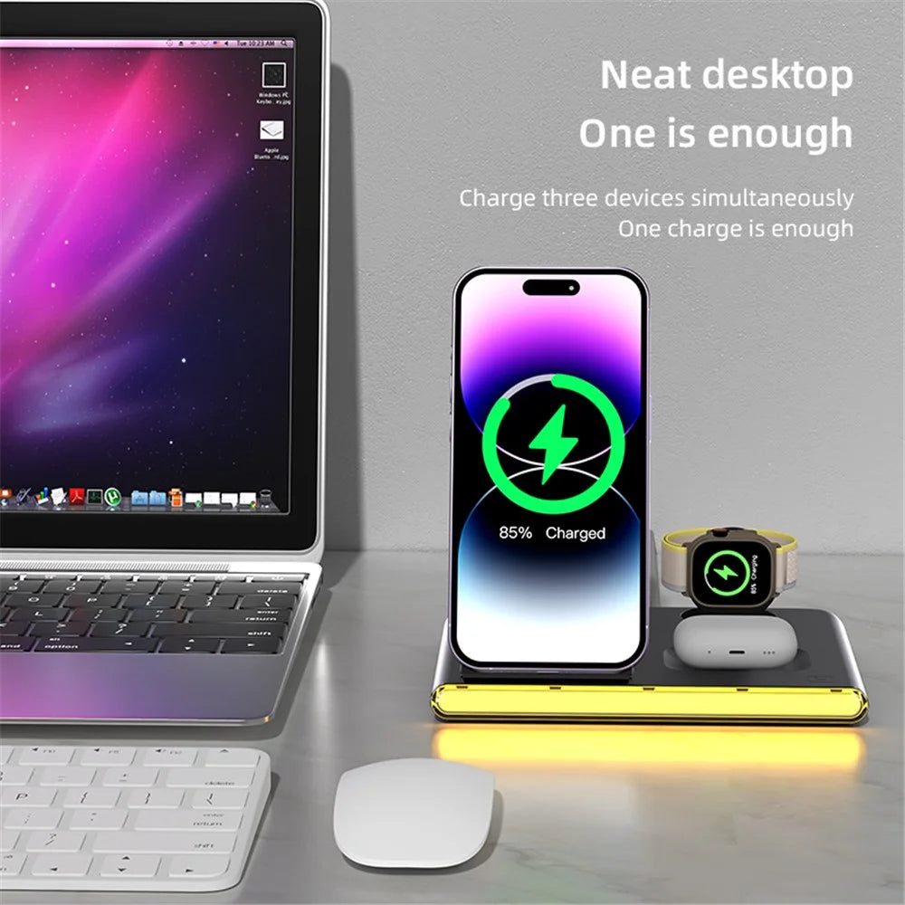 C27 3-in-1 Wireless Charger Station with Night Light for Apple / Samsung Smart Watch / iPhone / AirPods - White - 5