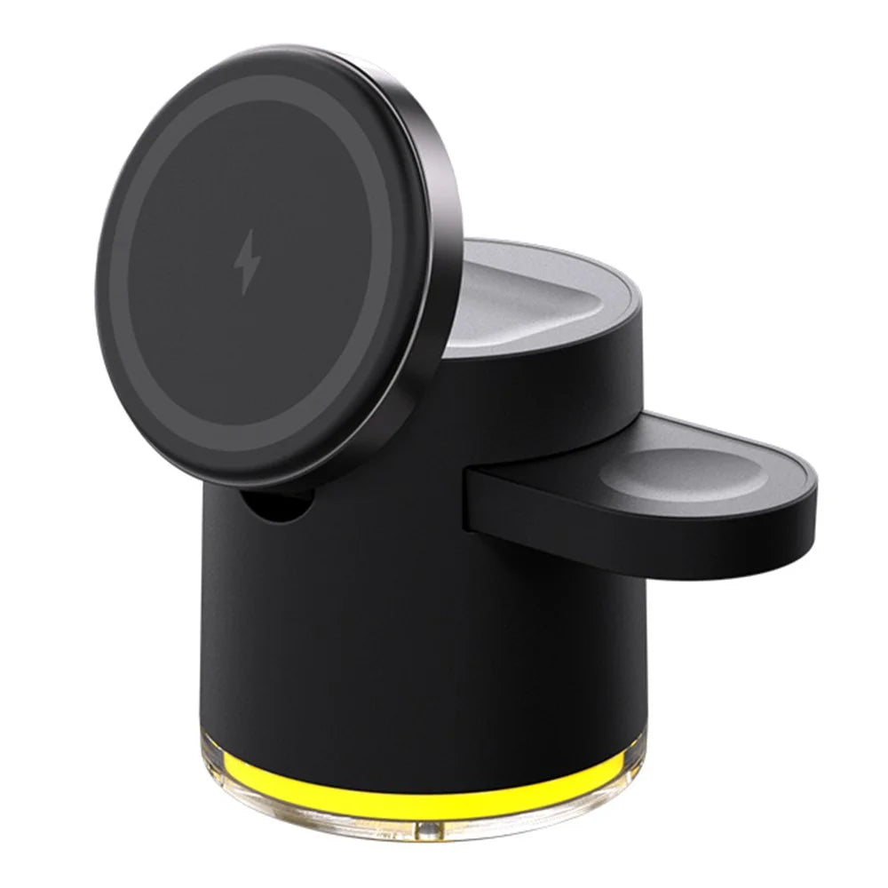 C16 For Samsung Apple Watch Airpods iPhone 15W Magnetic Wireless Charger Stand Holder with Night Light - Black - 1
