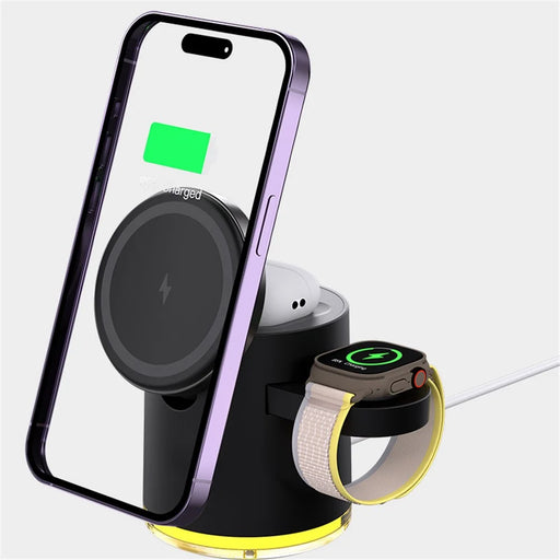 C16 For Samsung Apple Watch Airpods iPhone 15W Magnetic Wireless Charger Stand Holder with Night Light - Black - 2