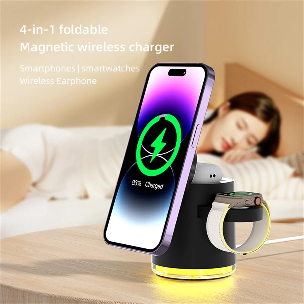 C16 For Samsung Apple Watch Airpods iPhone 15W Magnetic Wireless Charger Stand Holder with Night Light - Black - 3