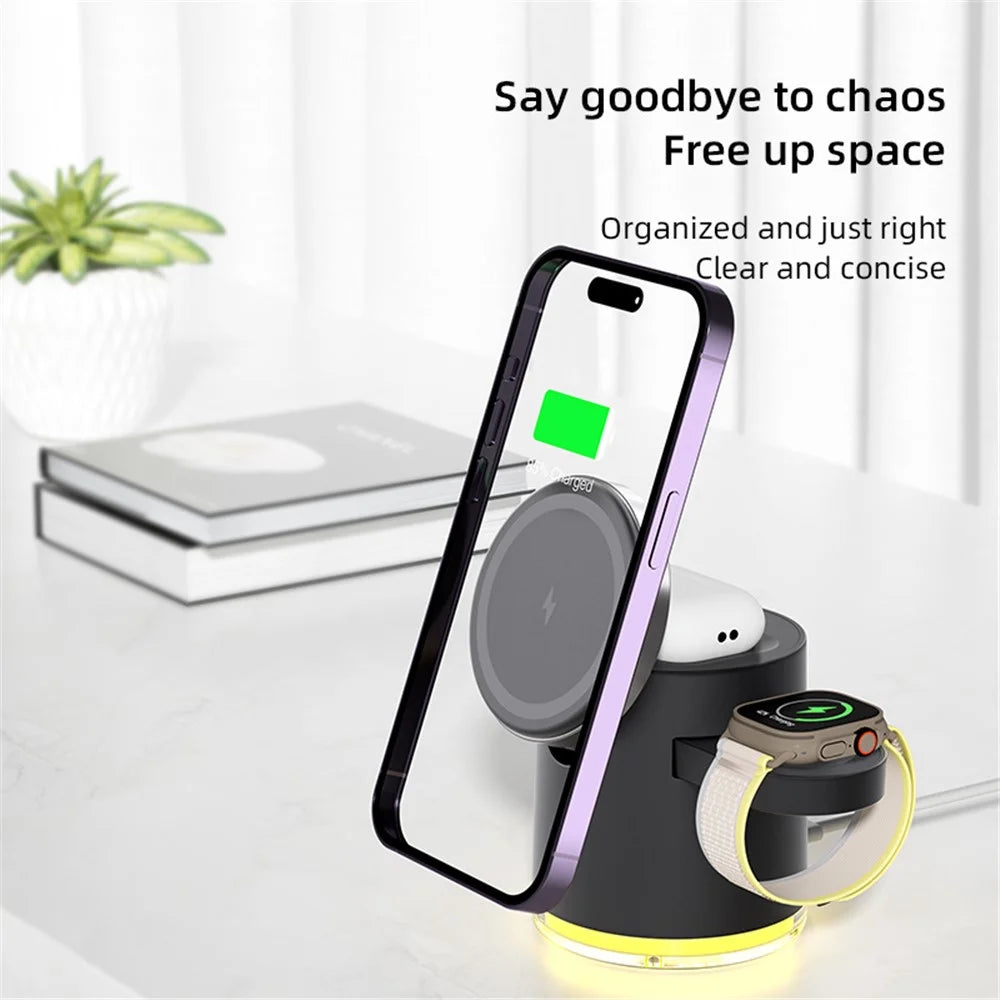C16 For Samsung Apple Watch Airpods iPhone 15W Magnetic Wireless Charger Stand Holder with Night Light - Black - 4