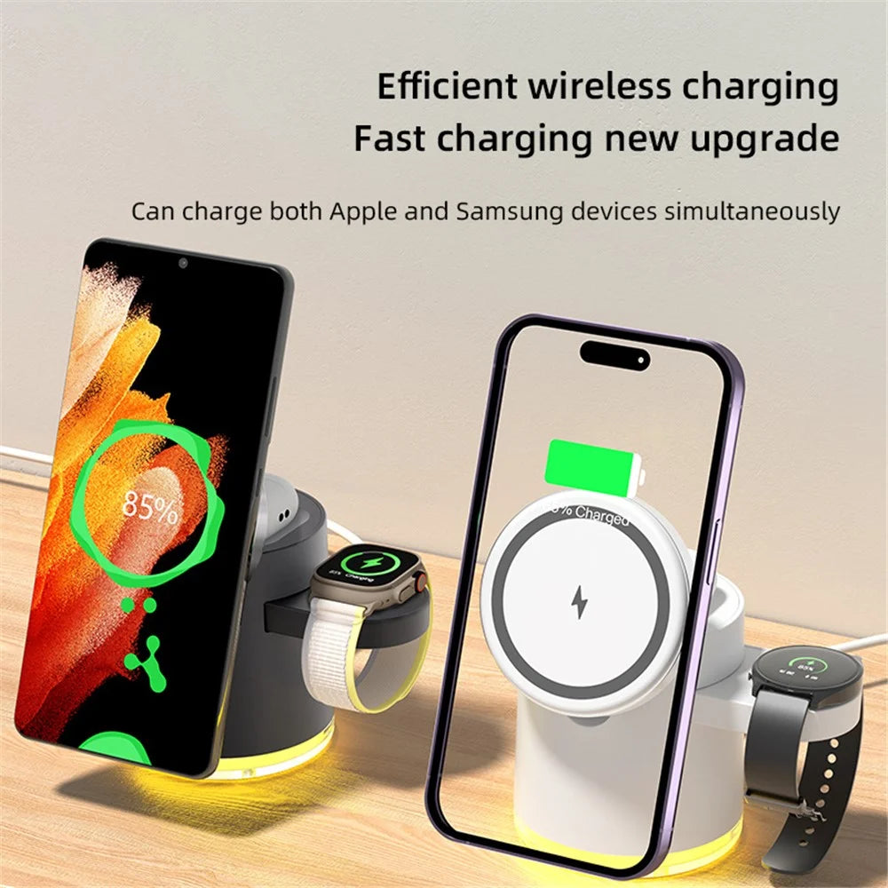 C16 For Samsung Apple Watch Airpods iPhone 15W Magnetic Wireless Charger Stand Holder with Night Light - Black - 6