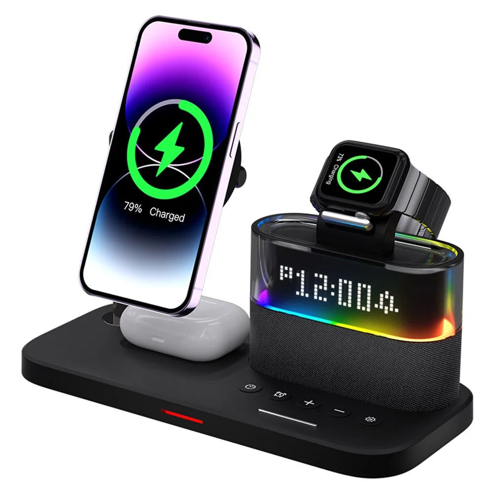 C09 Magnetic Wireless Charging Station for Phone / Airpods / Apple Watch with Alarm Clock Night Light - Black - 3