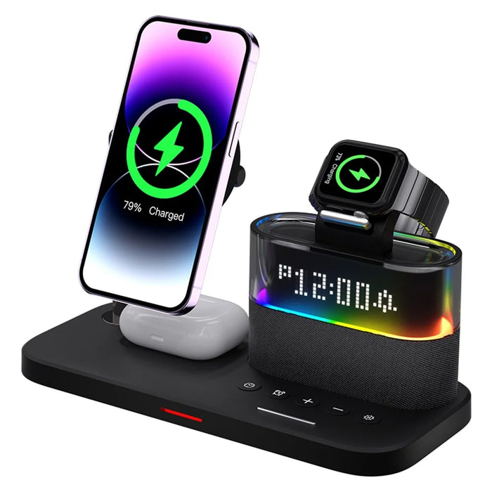 C09 Magnetic Wireless Charging Station for Phone / Airpods / Apple Watch with Alarm Clock Night Light - Black - 3