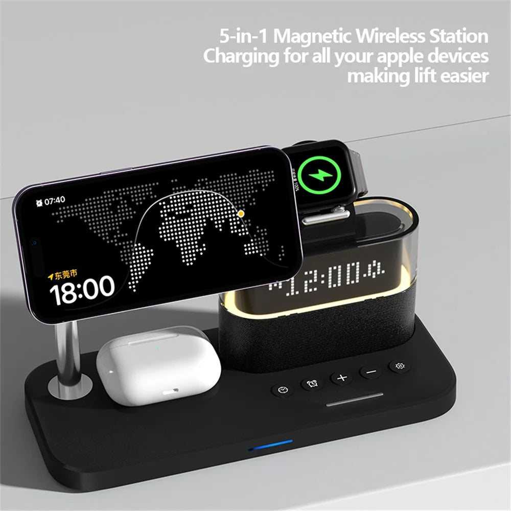 C09 Magnetic Wireless Charging Station for Phone / Airpods / Apple Watch with Alarm Clock Night Light - Black - 4