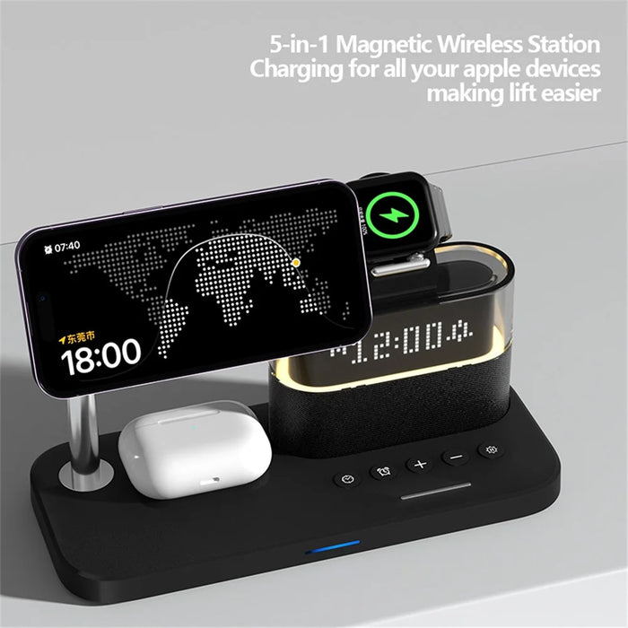 C09 Magnetic Wireless Charging Station for Phone / Airpods / Apple Watch with Alarm Clock Night Light - Black - 4