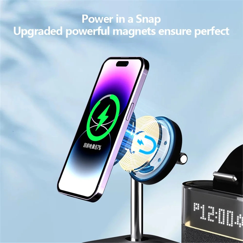 C09 Magnetic Wireless Charging Station for Phone / Airpods / Apple Watch with Alarm Clock Night Light - Black - 7