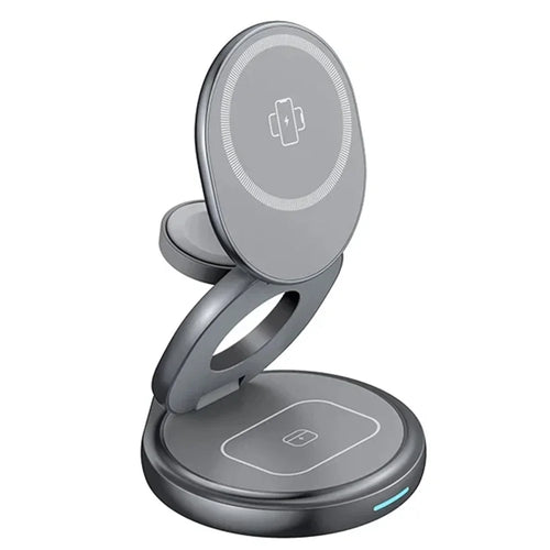 For Apple Watch / AirPods / iPhone Foldable 3-in-1 Magnetic Wireless Charging Stand with Rotatable Base - Grey - 1