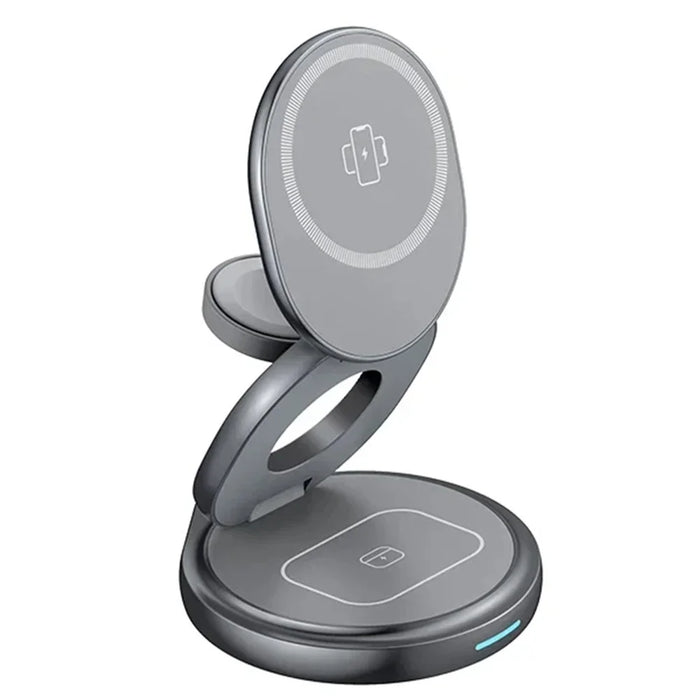 For Apple Watch / AirPods / iPhone Foldable 3-in-1 Magnetic Wireless Charging Stand with Rotatable Base - Grey - 1
