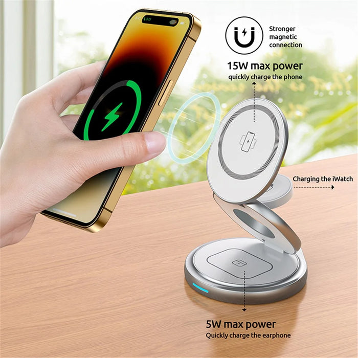 For Apple Watch / AirPods / iPhone Foldable 3-in-1 Magnetic Wireless Charging Stand with Rotatable Base - Grey - 3