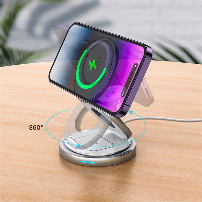 For Apple Watch / AirPods / iPhone Foldable 3-in-1 Magnetic Wireless Charging Stand with Rotatable Base - Grey - 4