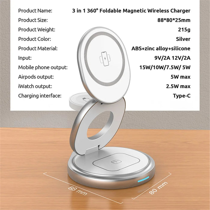 For Apple Watch / AirPods / iPhone Foldable 3-in-1 Magnetic Wireless Charging Stand with Rotatable Base - Grey - 5