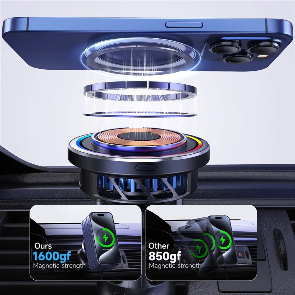 S21 Qi2 15W Car Air Outlet Semiconductor Cooling Phone Wireless Charger, Aluminum Alloy Edge+Tempered Glass Panel - 5