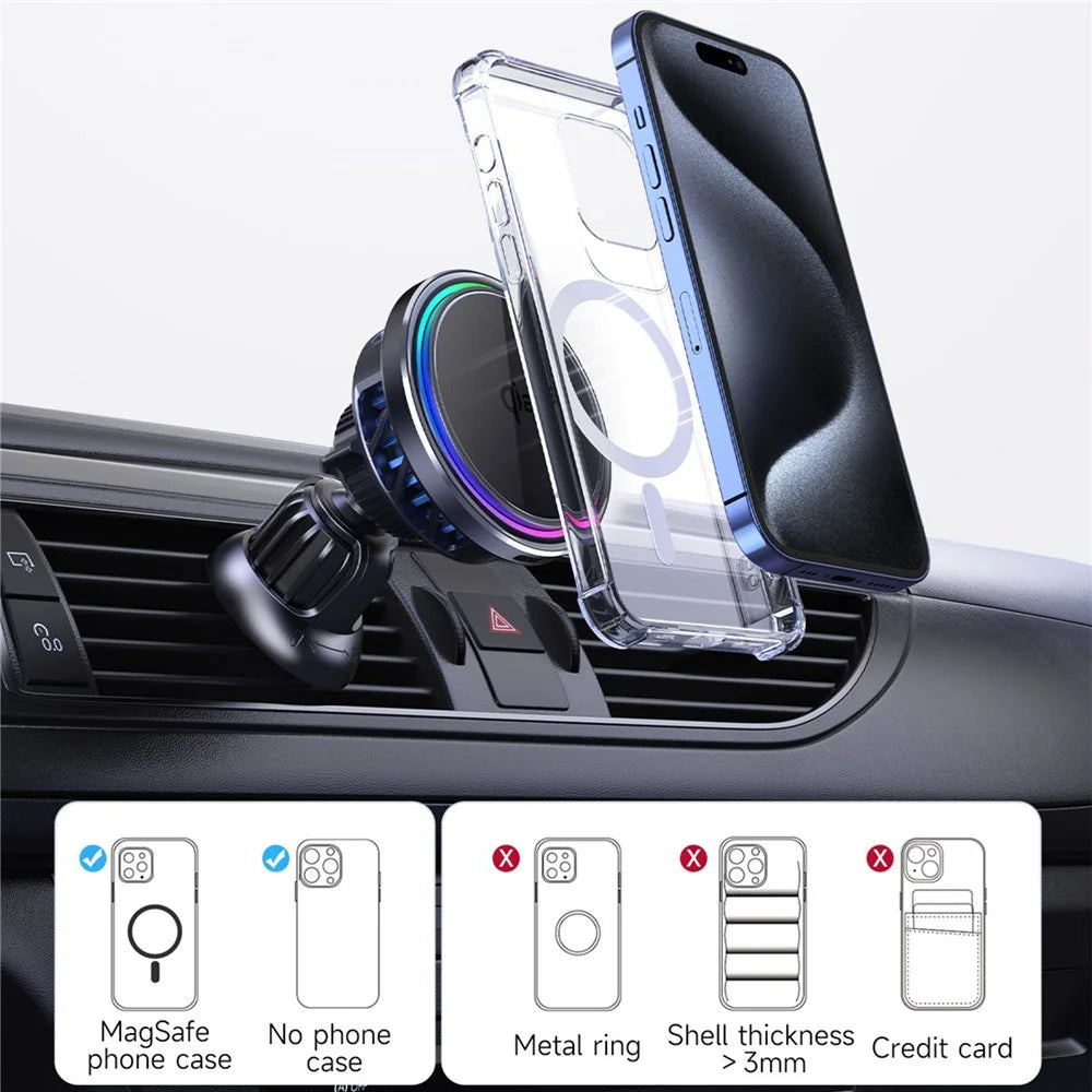 S21 Qi2 15W Car Air Outlet Semiconductor Cooling Phone Wireless Charger, Aluminum Alloy Edge+Tempered Glass Panel - 6