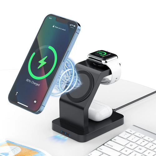 S6 For Iphone / Airpods / Apple Watch 3-in-1 15W Magnetic Wireless Charging Station Desktop Bracket - Black - 1