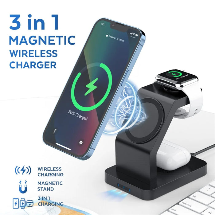 S6 For Iphone / Airpods / Apple Watch 3-in-1 15W Magnetic Wireless Charging Station Desktop Bracket - Black - 2