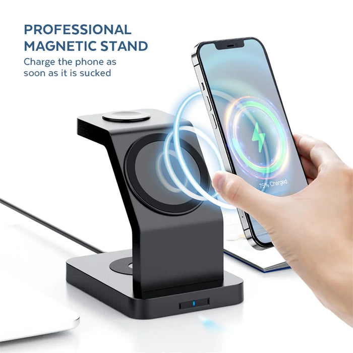 S6 For Iphone / Airpods / Apple Watch 3-in-1 15W Magnetic Wireless Charging Station Desktop Bracket - Black - 4