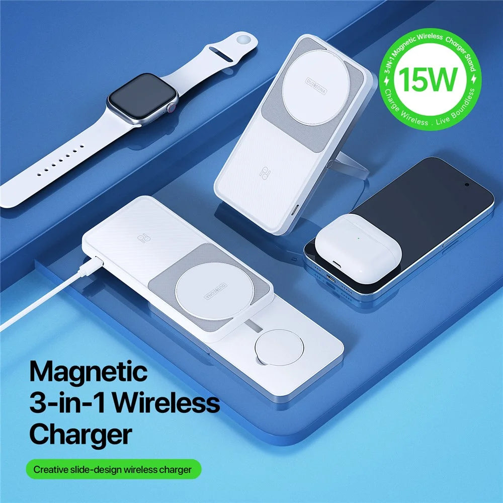 DUZZONA W19 15W Wireless Charger for iPhone 16 Series / Apple Watch 10 / AirPods 4 3-in-1 Sliding Charging Station Stand - White - 5