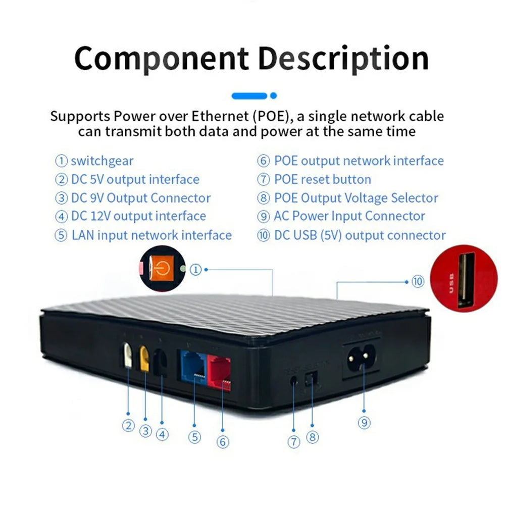 POE418P Mini UPS Battery Backup 8000mAh 5V 9V 12V 18W WiFi Router Power Supply - Black - 7