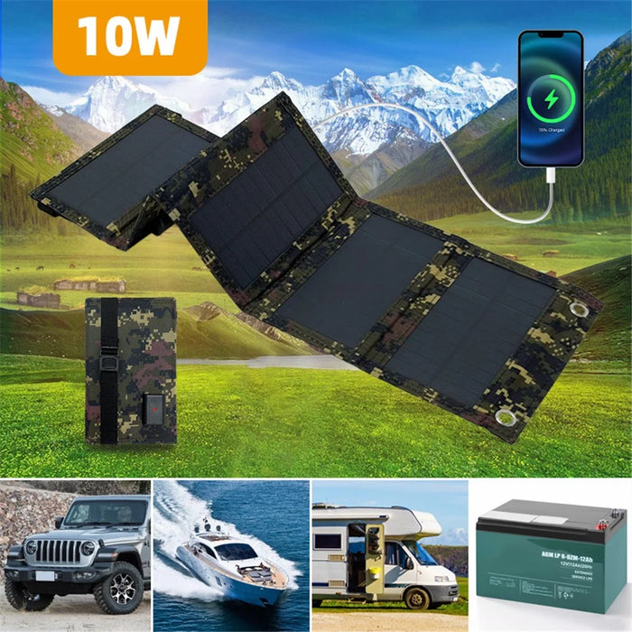 10W 5V Portable Outdoor Solar Power Supply 5 Folding Solar Panels Phone Charging Device with 10-in-1 Cable - Camouflage - 2
