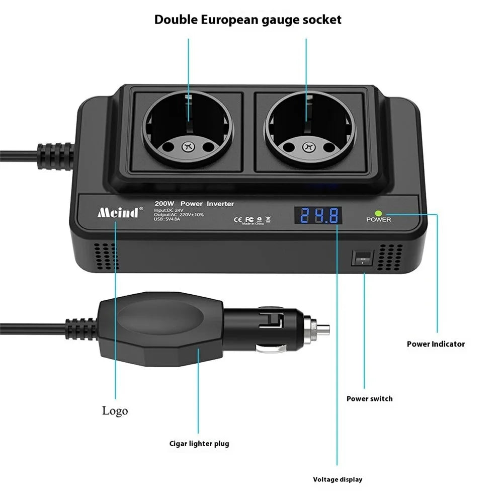 MEIND M8300 24V to 220V High Power 200W Car Inverter with Dual EU Power Socket + 4 USB Ports - 2