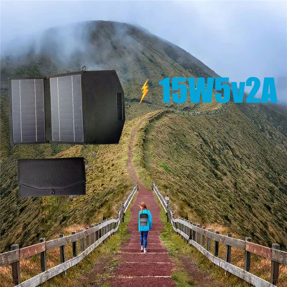 Dual USB Outputs Solar Panel Monocrystalline Silicon 15W Charger Folding Bag for Hiking Camping - 2