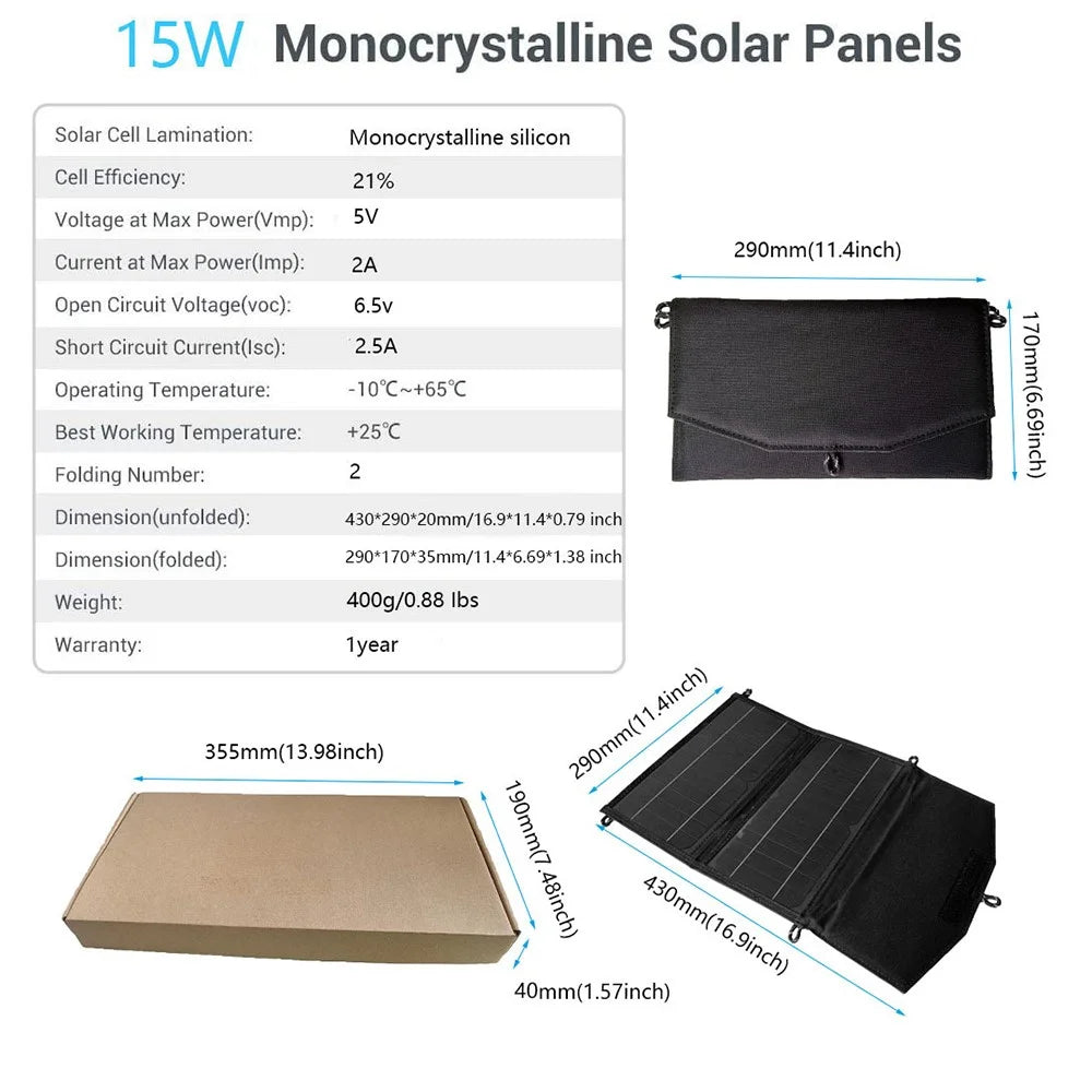 Dual USB Outputs Solar Panel Monocrystalline Silicon 15W Charger Folding Bag for Hiking Camping - 6