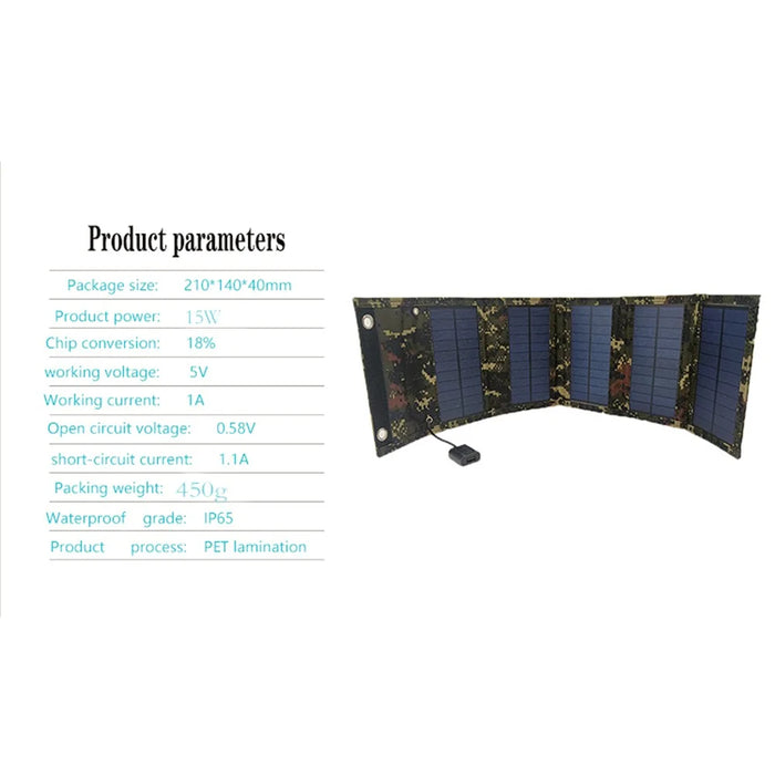 15W Portable Outdoor Solar Charger 5 Folding Solar Panels USB Phone Charging Power Bank - Camouflage - 5