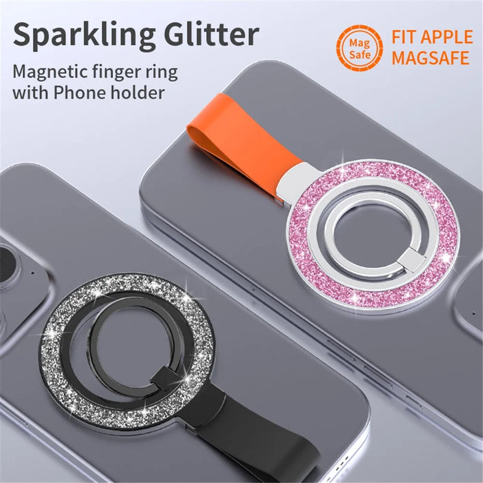 Magnetic Phone Ring Holder Glittery Finger Grip Phone Back Kickstand - Black Silver / Black - 2