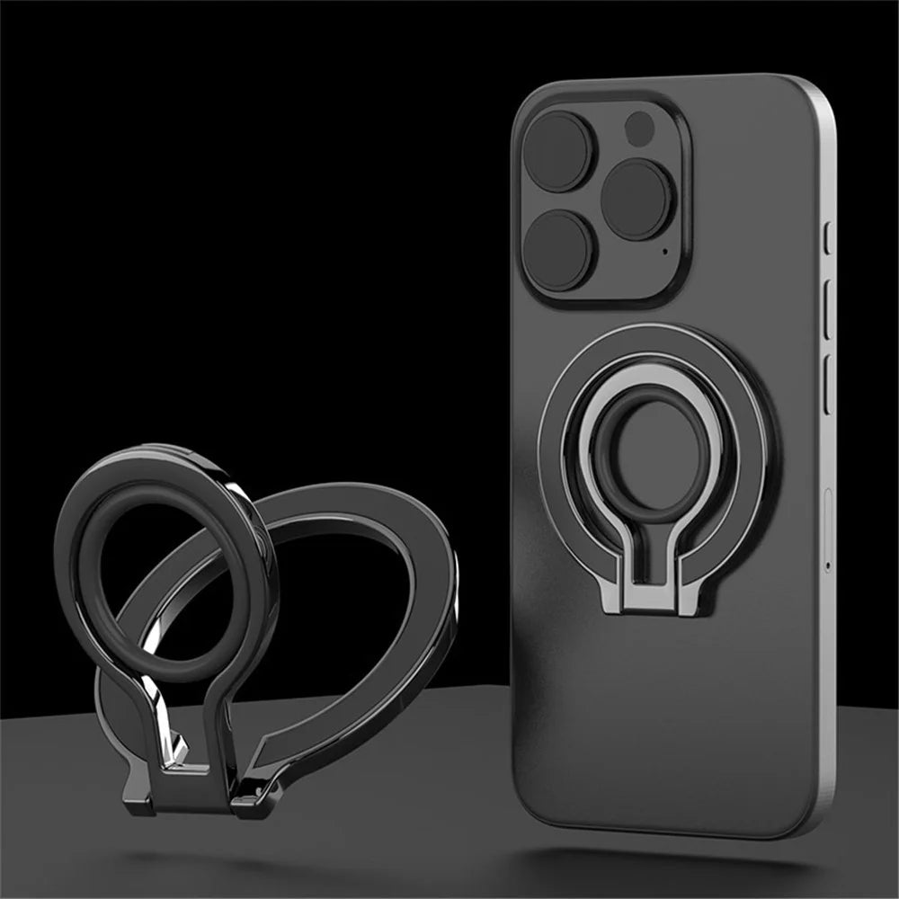 Zinc Alloy 360-Degree Rotating Magnetic Phone Ring Kickstand with Silicone Strap - Black / Black - 2