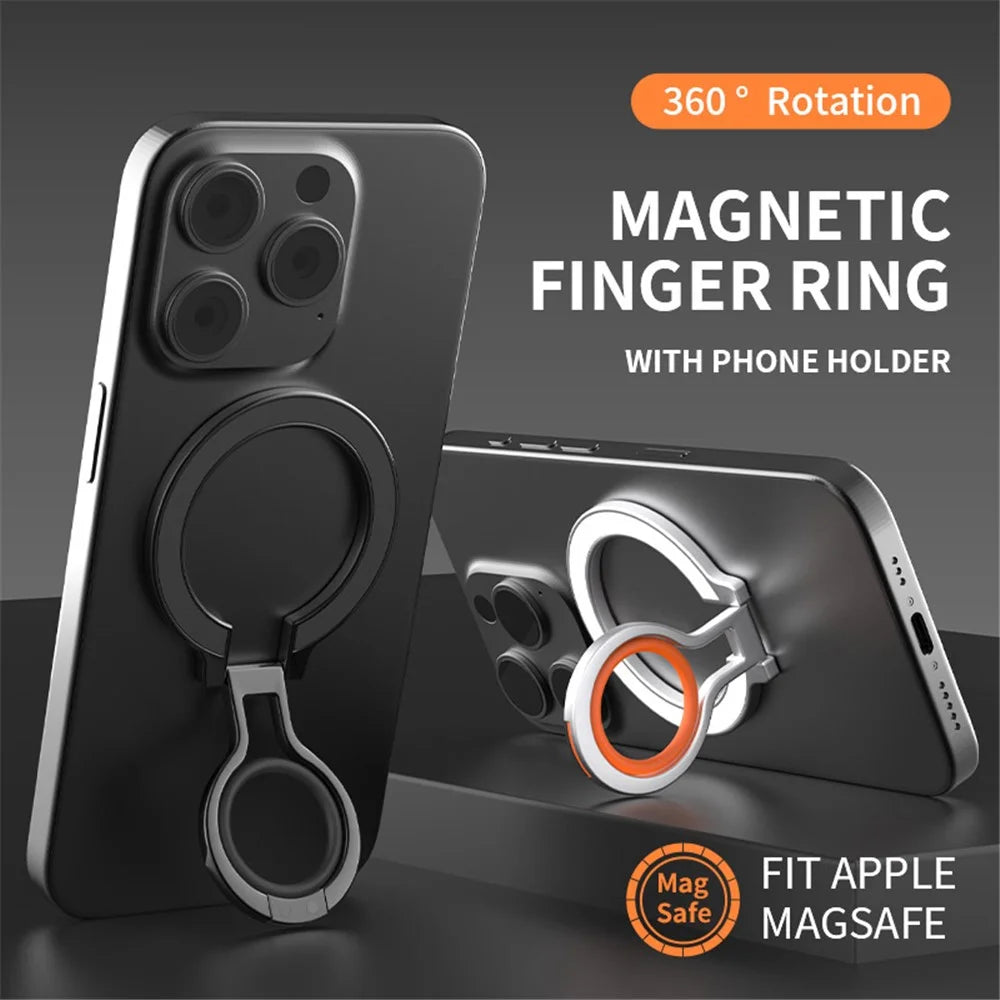 Zinc Alloy 360-Degree Rotating Magnetic Phone Ring Kickstand with Silicone Strap - Black / Black - 3